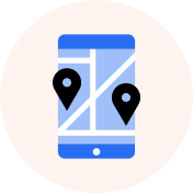 Tela de um celular azul claro mostrando um mapa com ruas em branco e ponto de localização em pretp